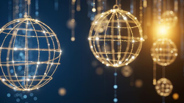 Golden Wireframe Ornaments Hanging Against Blue Bokeh Background