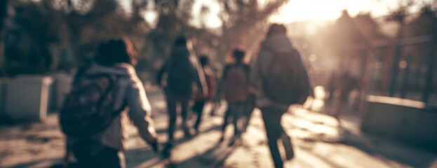 Naklejka premium Schoolchildren with backpacks running to school in the sunlit pathway, blurred background 