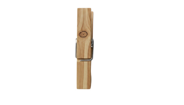 Rustic wooden clothespin macro photo, natural brown wood peg with spring, laundry clip detail for household drying isolated PNG with Transparent Background
