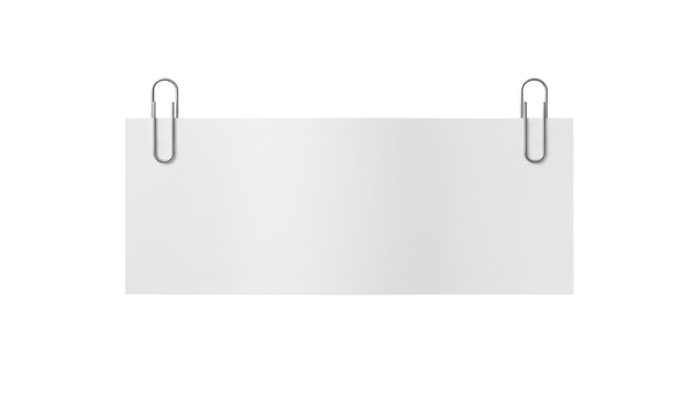 A blank rectangular strip of white paper held by two metallic paper clips isolated on transparent background