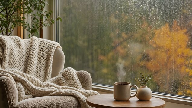 Cozy home interior with armchair and knitted blanket by rainy window overlooking autumn trees.