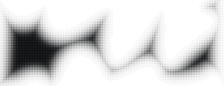 Monochrome halftone dotted illustration, abstract dynamic wave, ribbon pattern. Curved line with halftone effect, flud design. Vector minimalist background. Overlay template. Vector