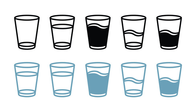 Water glass icon set vector collection, beverage glass outline symbols, full half and empty water levels, milk or water drink, healthy lifestyle elements, vector design.