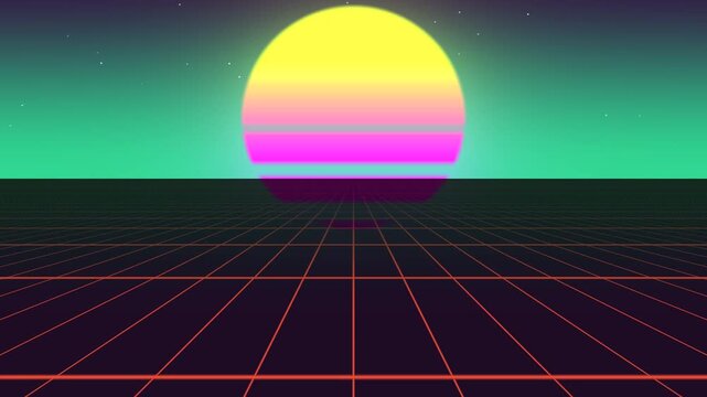 Retro-futuristic vaporwave digital landscape with neon grid sunset, vibrant purple synthwave aesthetic, nostalgic eighties glow, artistic electronic dreamscape background in high resolution.