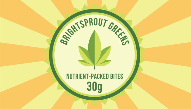 Brightsprout greens packaging badge with cannabis leaf design and sunburst background, representing organic herb products.