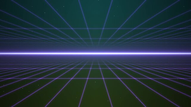 Retro futuristic synthwave landscape with glowing neon sun setting over a digital wireframe grid horizon and purple mountain range under a starry night sky in 80s aesthetic 4K background.