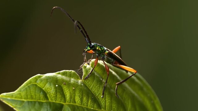 Metallic green longhorn beetle resting on green leaf