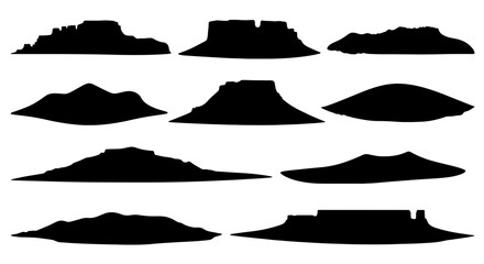 Diverse Mountain Silhouettes Collection, Flat-Topped Peaks and Natural Landscapes, Graphic Elements for Outdoor Adventure and Geography Themes © rahul