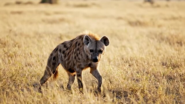 A single spotted hyena carefully prowls through the vast dry grasslands of the African savanna during the golden hour as the predator hunts for prey while wandering across the wild natural