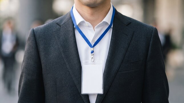 Professional Badge Display: A close-up shot focuses on a businessman wearing a dark suit and a white shirt, accessorized with a blue lanyard and an identification badge.