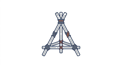 Illustrated teepee tent with wooden poles and ties. © Falik