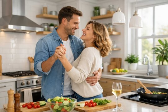 Happy young couple dancing together while cooking healthy dinner in a bright modern kitchen, enjoying love, laughter and quality time at home