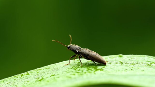 Brown click beetle resting on green leaf in garden