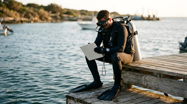 Professional male diver checks task list on a clipboard by the sea sitting on a dock.