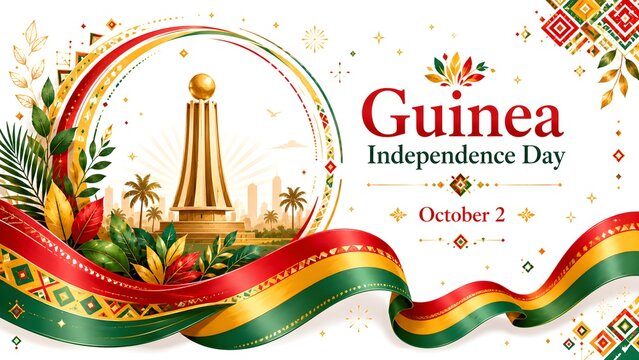 Guinea Independence Day celebration banner with traditional golden circular frame independence monument landmark lush tropical leaves and waving Guinean tricolor ribbon flag vector illustration isolat