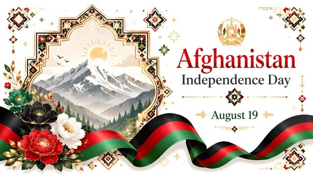 Afghanistan Independence Day celebration banner with traditional golden islamic frame hindu kush mountain landscape coat of arms and waving Afghan tricolor ribbon flag vector illustration isolated on 