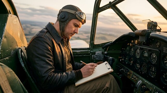 Vintage pilot in leather jacket writing on clipboard in cockpit at sunset.