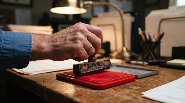Official Approval Stamp: A hand applies an Approved stamp to a document on a desk cluttered with office supplies, symbolizing official authorization and bureaucratic process.