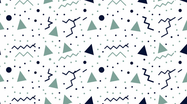 Memphis style geometric pattern with zigzags and triangles on white retro eighties backdrop.