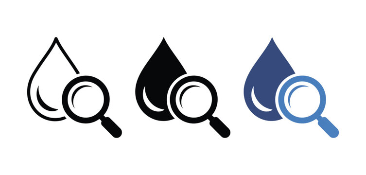 Water research icon set vector illustration, water drop search symbols, oil and liquid analysis icons, laboratory testing elements, quality control concept, environmental science design.