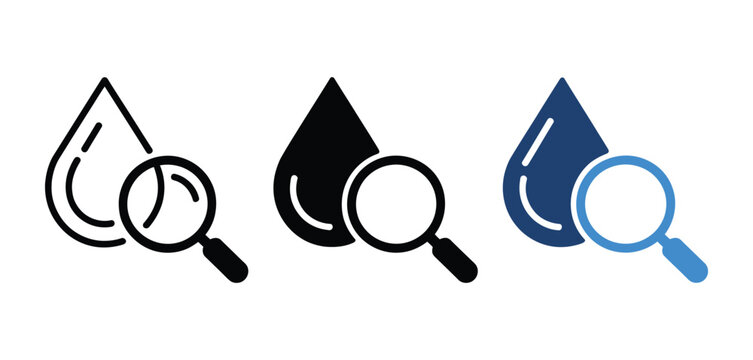 Water research icon set vector illustration, water drop search symbols, oil and liquid analysis icons, laboratory testing elements, quality control concept, environmental science design.