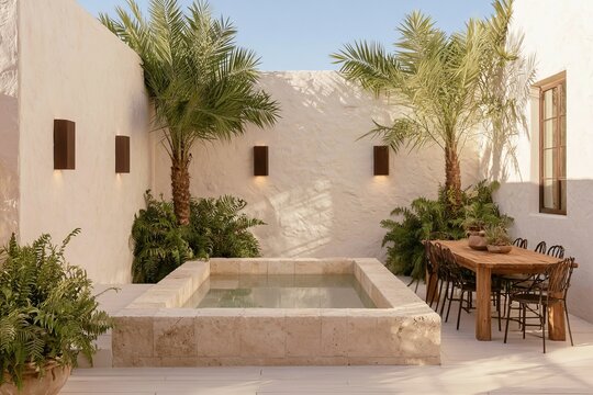 Mediterranean courtyard featuring a small rectangular pool surrounded by palm trees, lush greenery, and a wooden dining table with black chairs under a clear blue sky