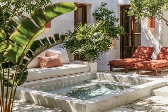 View through a softly blurred banana palm leaf showcasing a serene outdoor space with a small pool, lounge chairs, and lush greenery in a modern architectural setting