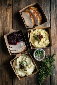 Traditional Turkey Dinner in Brown Containers