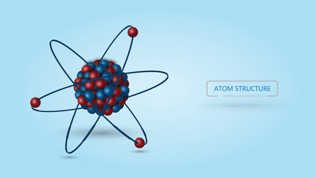 Detailed atom structure illustration with protons neutrons and electrons on light blue background