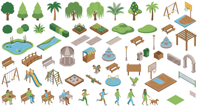 Isometric park playground and public recreation area equipment vector.