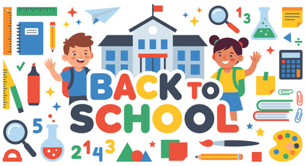 Naklejka premium Back to school banner with diverse students and educational supplies.