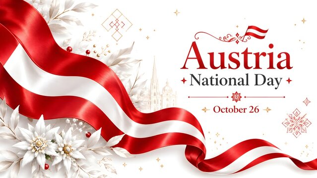 Austria National Day celebration banner with traditional Edelweiss flowers vienna architecture silhouette and waving Austrian flag ribbon vector illustration isolated on white background