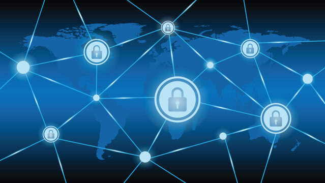 Global network security concept with glowing lock icons and world map background