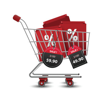 Shopping cart overflowing with red price tags and sale banners on a white background