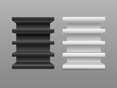 Realistic black and white shelving units with shadows on a gray background