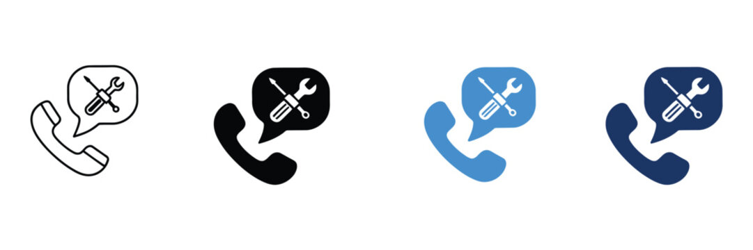 Technical support call icons featuring phone repair and customer service symbols with clean minimalist vector graphics for hotline assistance, help desk, communication, troubleshooting, and IT support