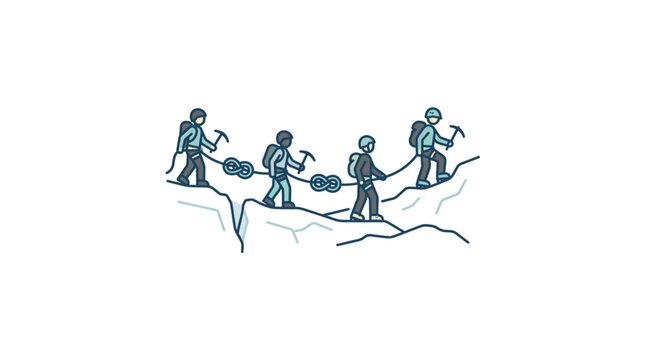 Illustration of workers climbing a steep mountain path together.