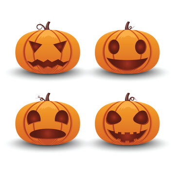 Four orange jackolanterns with carved faces in a vector illustration style