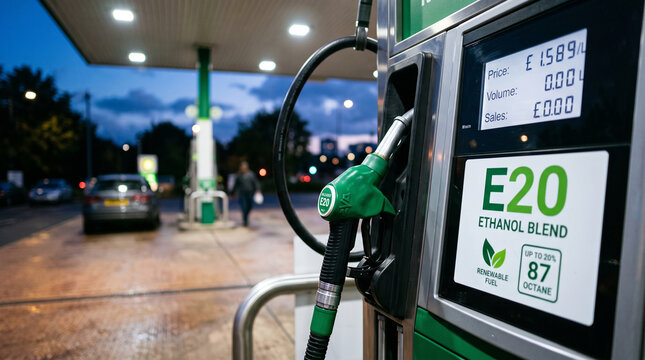 E20 ethanol blend fuel pump at a petrol station at night
