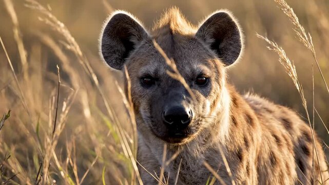 A spotted hyena gazes intently while standing amidst the tall golden stalks of the African savanna plains during the warm and radiant light of the golden hour under a peaceful afternoon sun sky