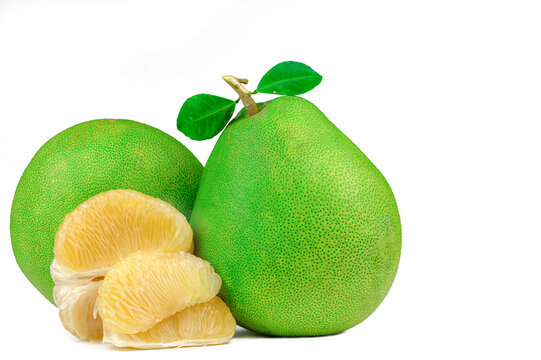 Pomelo pulp without seeds isolated on white background. Thailand pomelo fruit. Natural source of vitamin C and potassium. Healthy food for slow down aging. Food drug interactions. Citrus fruit.