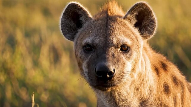 A spotted hyena gazes intently at the camera while standing amidst the tall golden grasses within the vast african savanna during the late afternoon sunlight in a remote part of the wild terrain