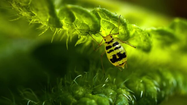 Small yellow aphid feeding on green leaf