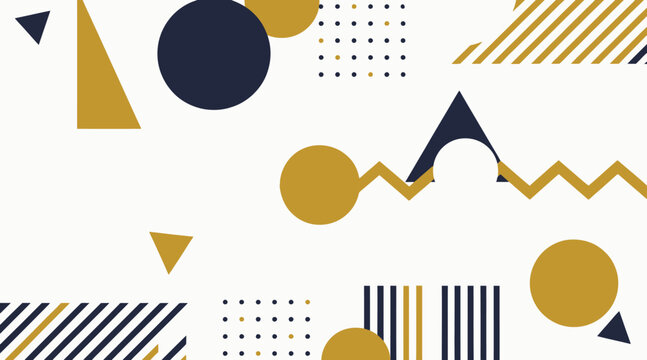 Geometric memphis pattern with dots triangles stripes and circles on white fabric texture.