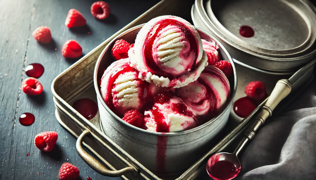 Creamy Vanilla Ice Cream with Raspberry Swirls in Metal Tin