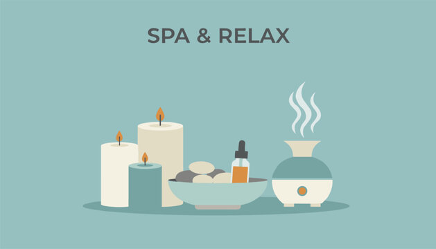 Spa and relax concept banner featuring candles aromatherapy oil bowl with hot stones and active diffuser on blue background.