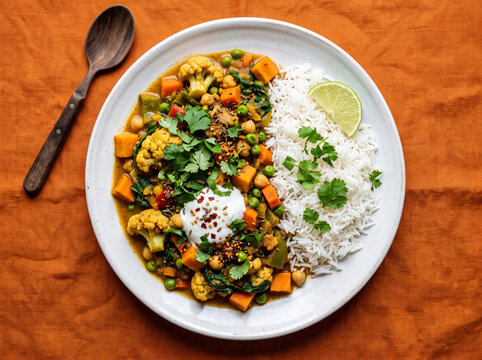 Delicious vegetable curry with chickpeas, sweet potatoes, and cauliflower served with rice and cilantro.