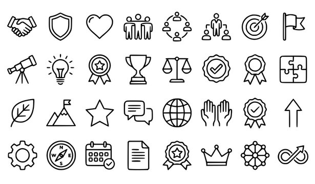 Minimal core values thin line icon collection with leadership teamwork integrity and organizational culture outline symbols on transparent background