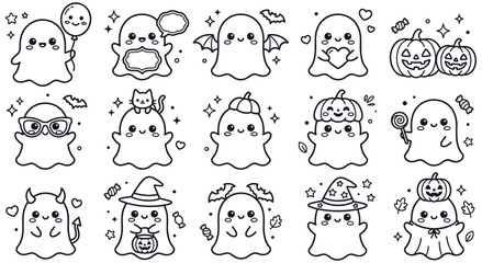 Fototapeta premium Cute kawaii ghost characters set with pumpkins and halloween decorations.