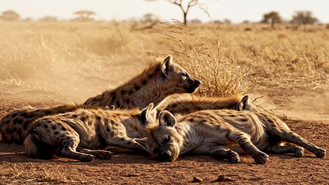 A pack of spotted hyenas rests calmly on the dusty dry savanna plains of Africa under the bright golden sun while the surrounding scorched landscape showcases their natural and wild behavior